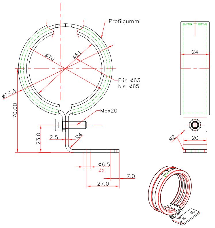 Support H12 avec manchette. Manchette en caoutchouc (noir)